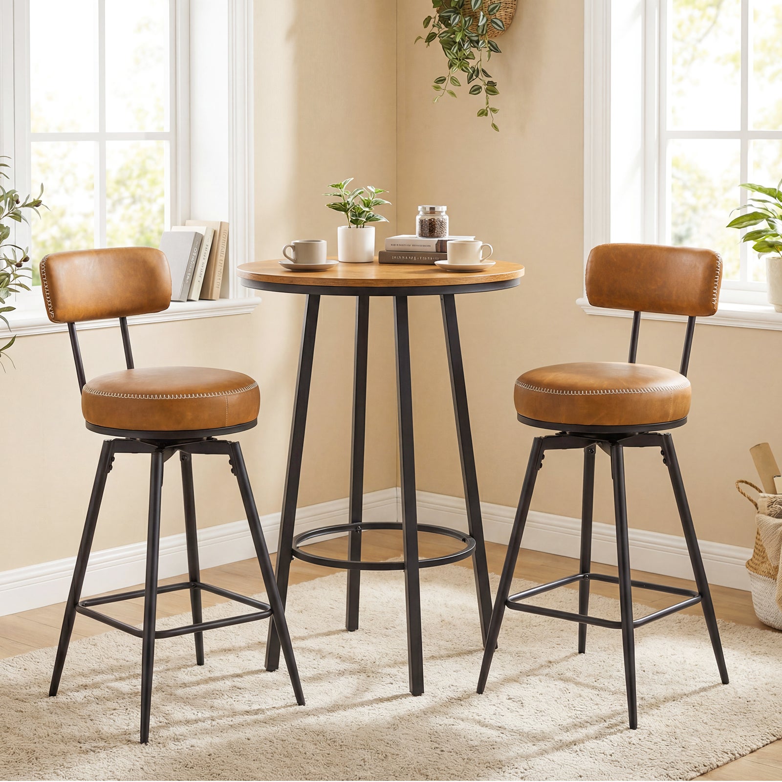 Lot de 2 Tabourets Bar Pivotants, Chaises de Bar avec Dossier Rembourré, Repose-Pieds, Pieds en Métal, Hauteur d'Assise 73 cm, Marron - 8