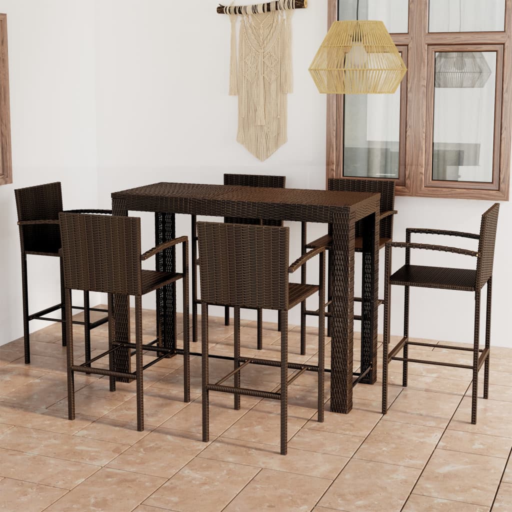 7-cz. zestaw mebli barowych z podłokietnikami, rattan PE, brąz vidaXL