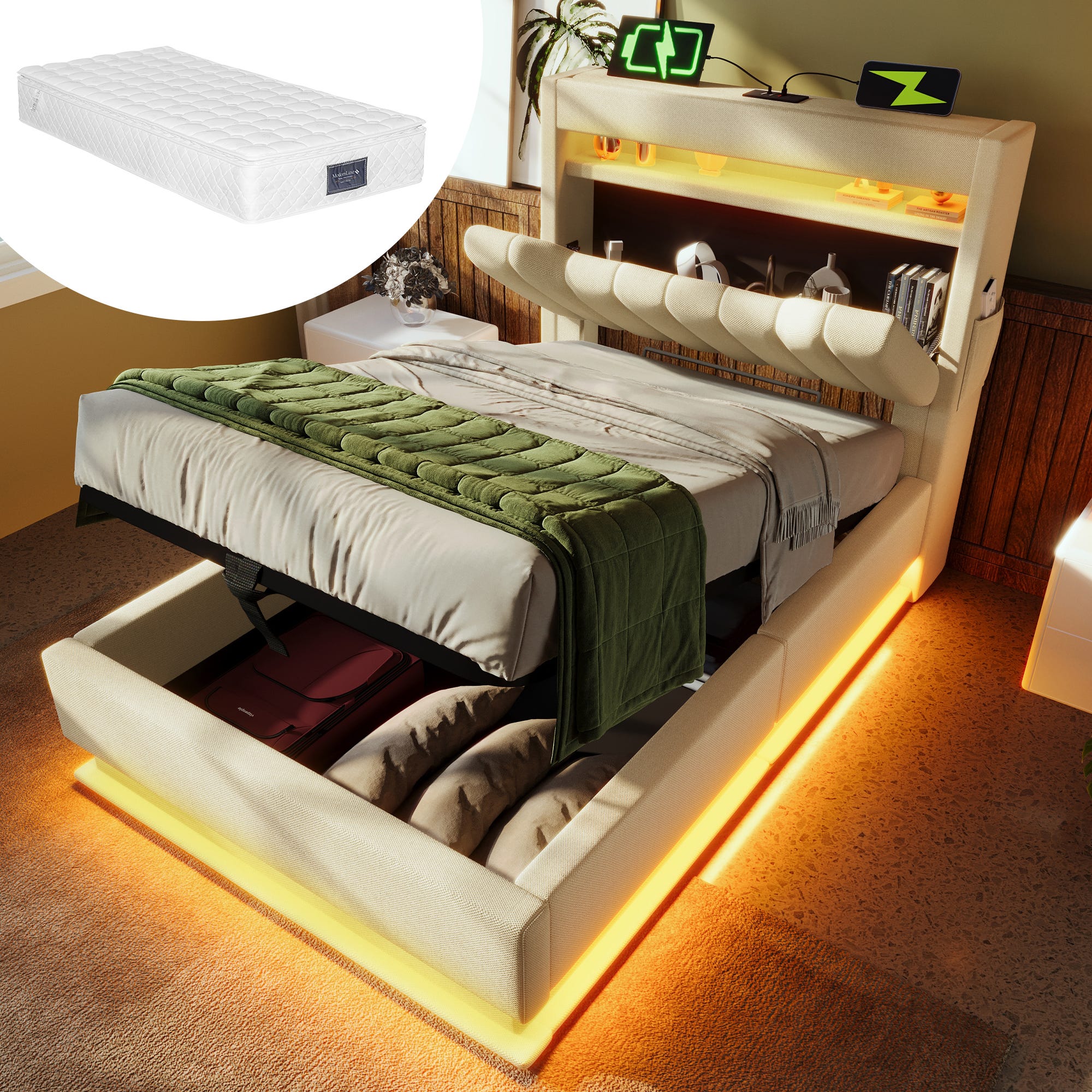 Letto Singolo Moderno 90x200 Cm Con Luci LED E Porta Oggetti Idraulico - USB E Tipo C - Beige