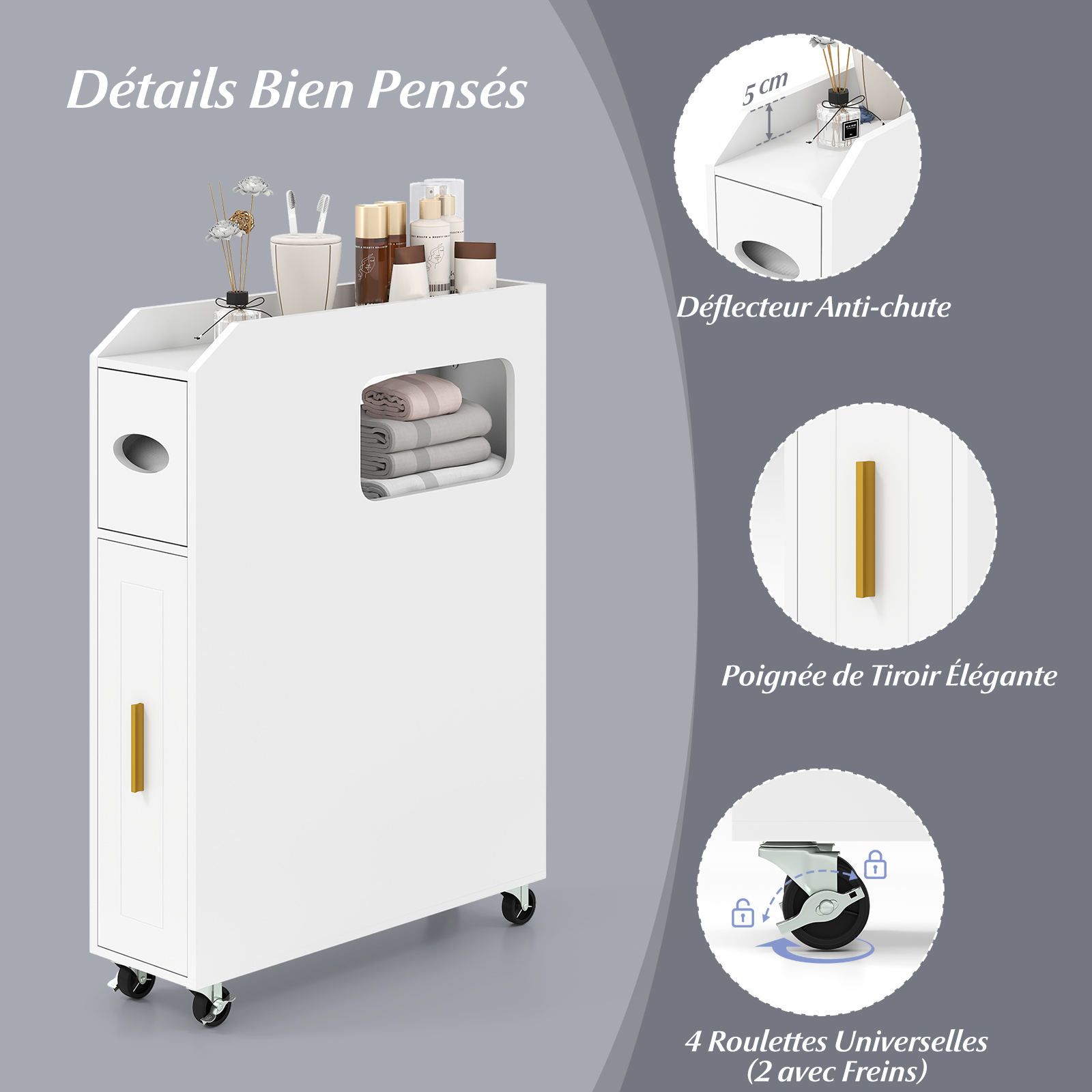 Credenza da Bagno Piccolo, Mobile Salvaspazio Stretto e Slim con Cassetto Scorrevole, Porta Fazzoletti, Portascopino e Ruote Bloccabile, Armadietto pe - 7