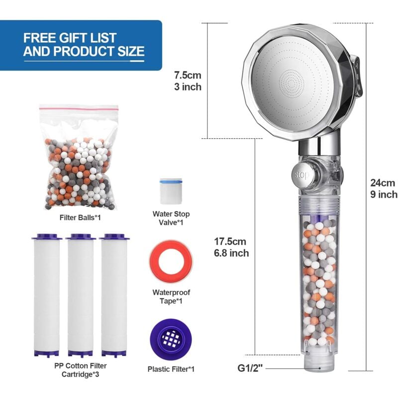 Pommeau Douche Pommeau de Douche Anti Calcaire Filtrant 3 Modes Pomme Douche Economiseur d'eau Haute Pression Universelle douchette - 4