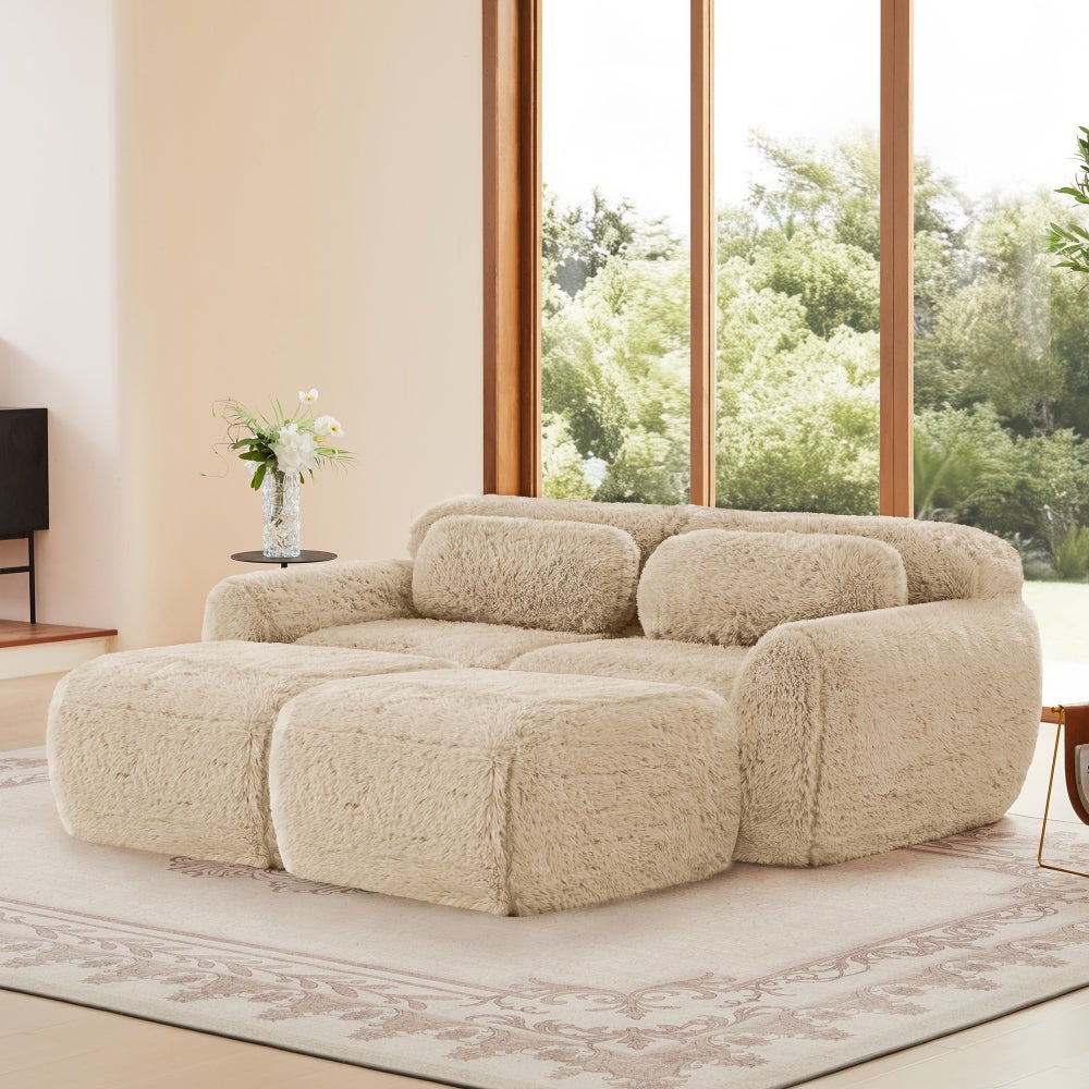 Sofa modułowa, pluszowa, z funkcją spania, z 2 pufami, 2-osobowa, jasny khaki