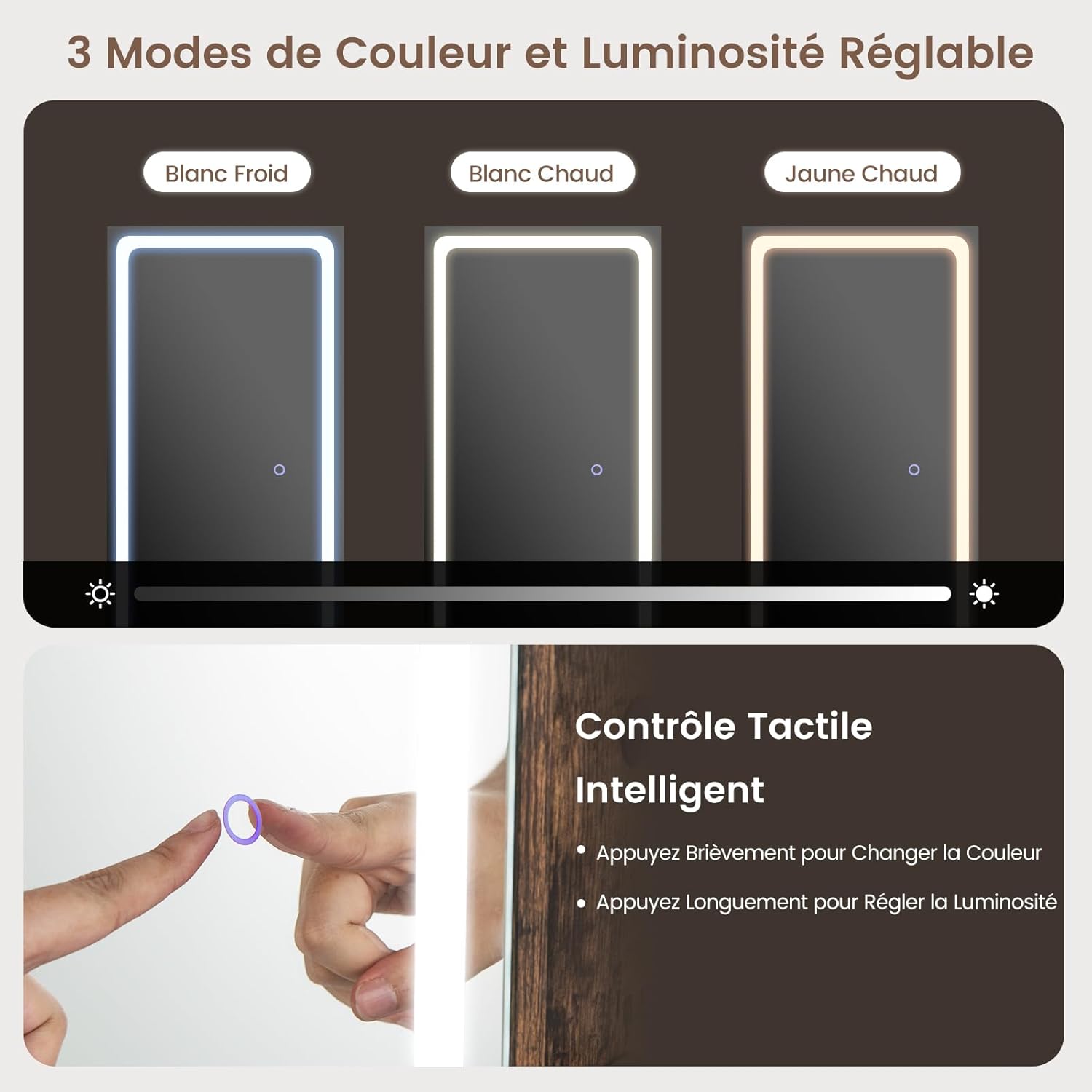 Armoire à Bijoux avec Miroir, Armoire de Rangement sur Pied pour Boucles d'Oreilles, Organisateur de Bijoux Verrouillable avec Lumières(Marron) - 4