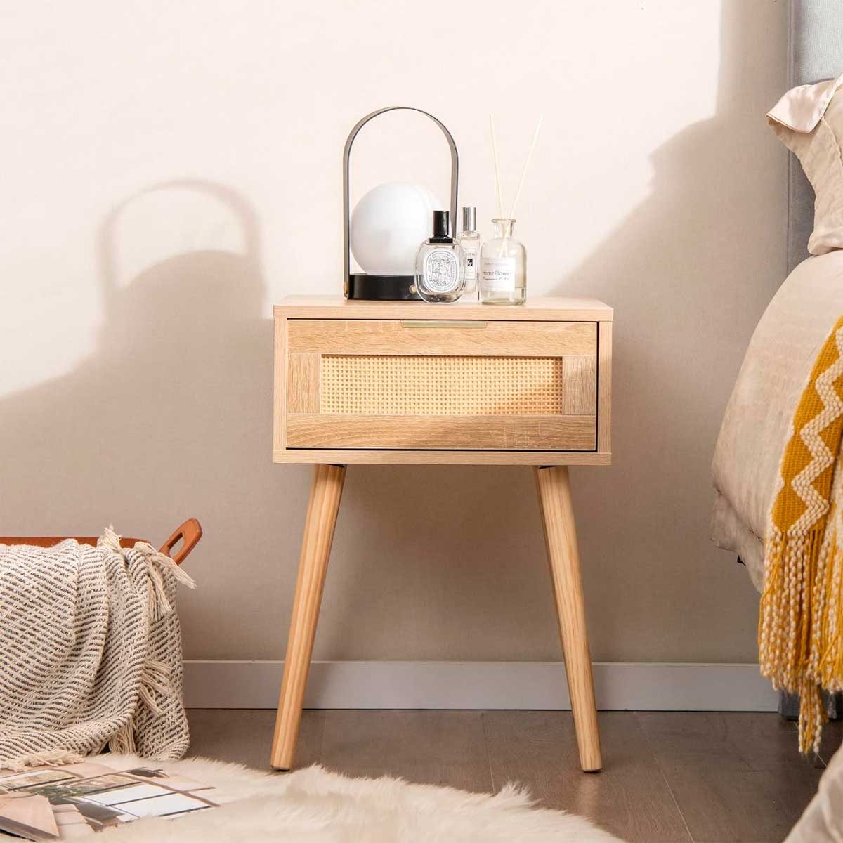 Mesilla de Noche Frisa de Dormitorio Estilo Natural en Color Pino y Rattán con 1 Cajón 40x52x30 cm - 2