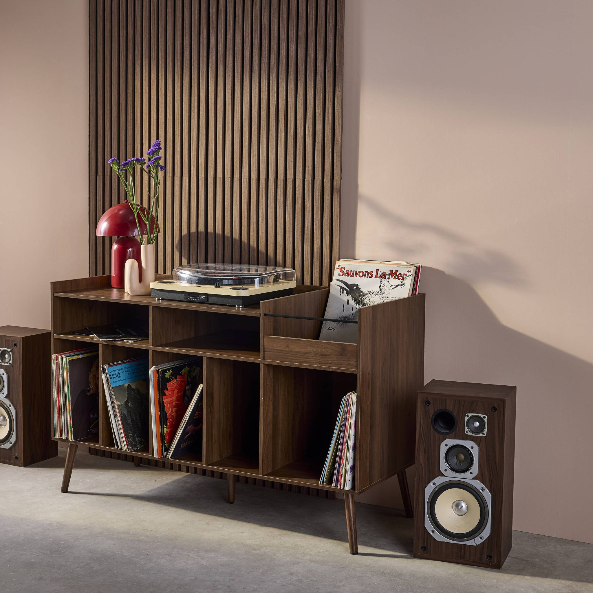 Mueble de vinilos XL vintage efecto madera oscura, 130cm, Nepal, Madera oscura, 130x50x80 cm - 3