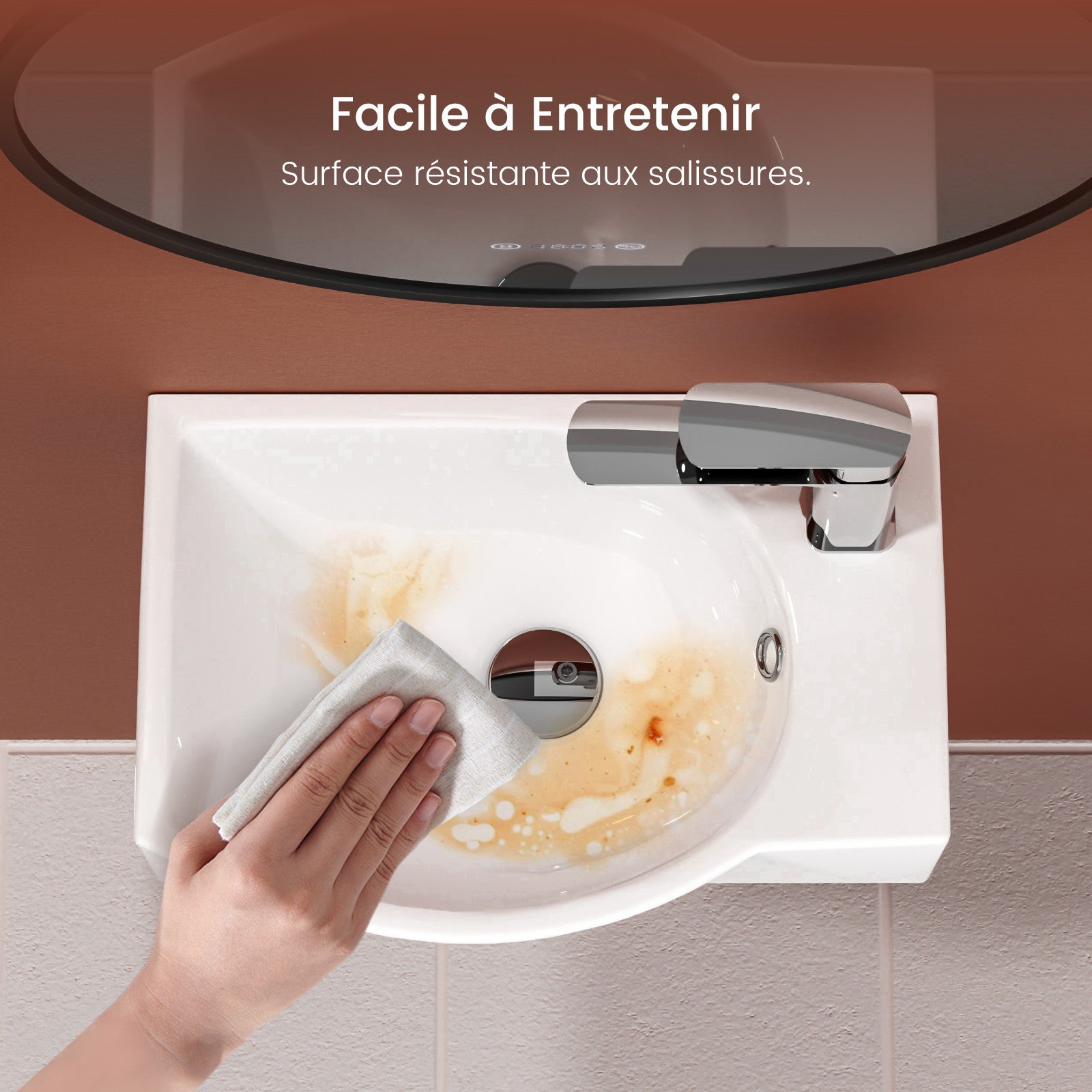EMKE Lavabo mural rectangulaire en céramique 40,5 x 28 x 14 cm, trou de robinet à droite, blanc brillant - 6
