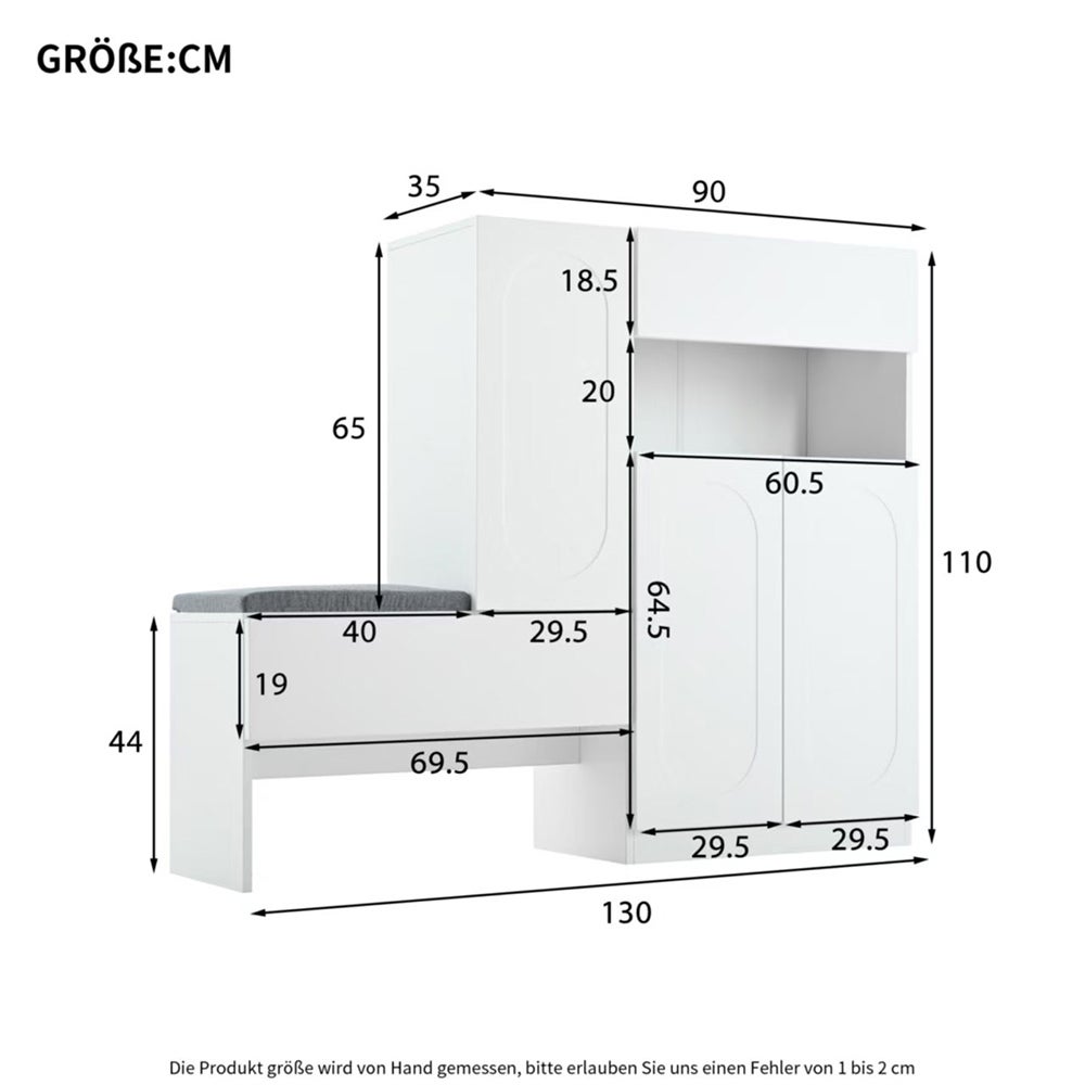 Armoire à chaussures 2-en-1 blanche, portes Soft Close, banc rembourré, 130x35x110cm - 3