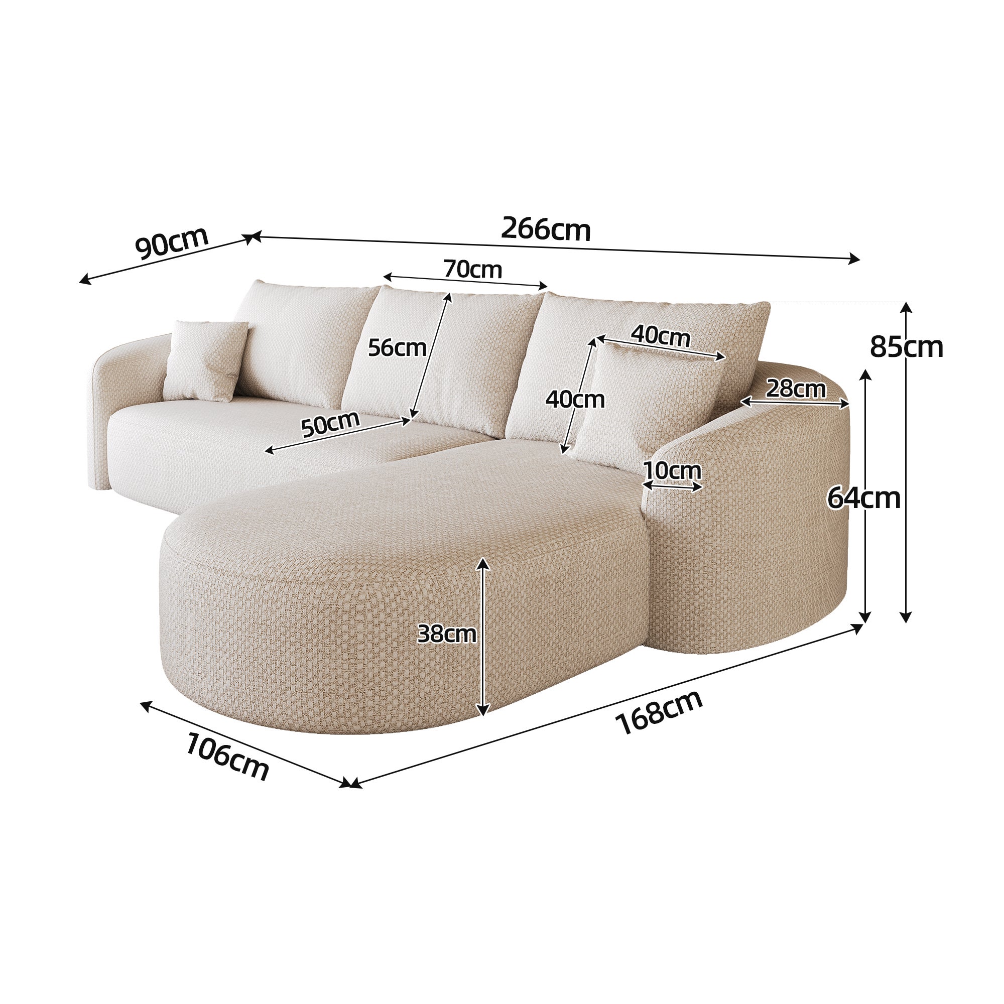 Canapé d’angle 4 places avec mousse haute densité et sans montage, canapé salon avec assise confortable, en tissu chenille blanc, 266x168x85 cm - 5
