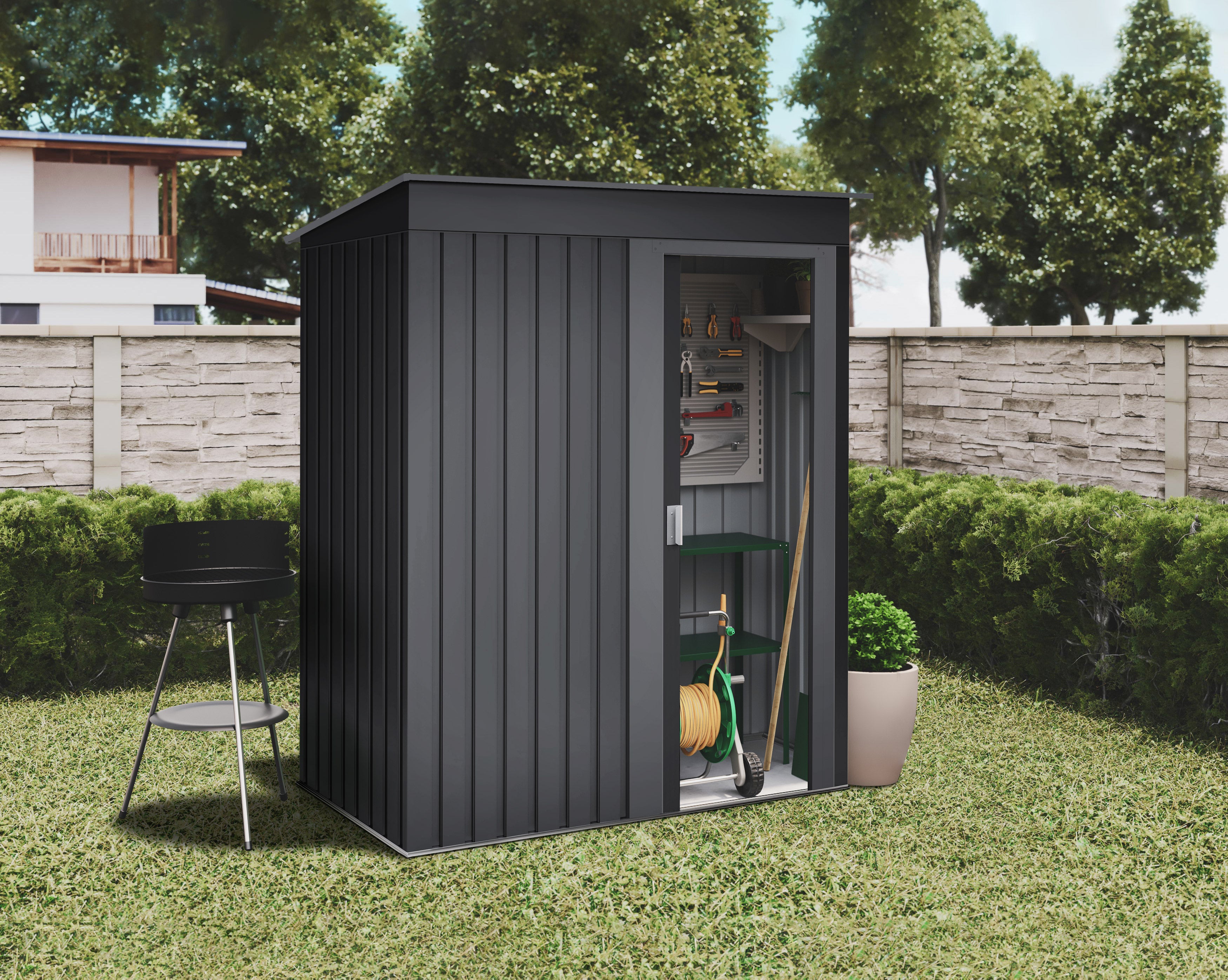 Armadio da giardino in metallo 1,39m2 Hede Dark - Porta scorrevole - Tetto inclinato - Grigio antracite - Casetta da giardino per esterni - 2