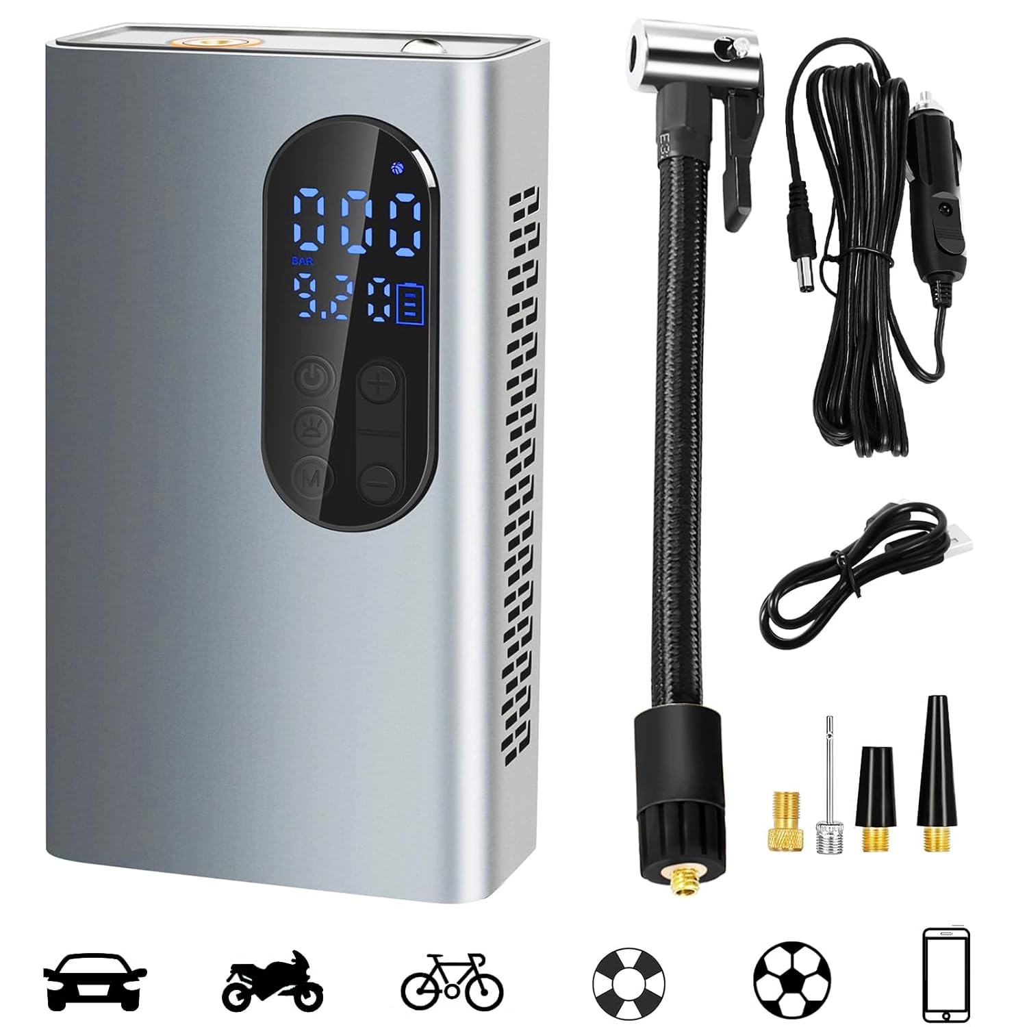 Przenośny kompresor powietrza 150 PSI, elektryczny kompresor akcesoria z lampą LED do samochodu, roweru, motocykla, nadmuchiwane balony