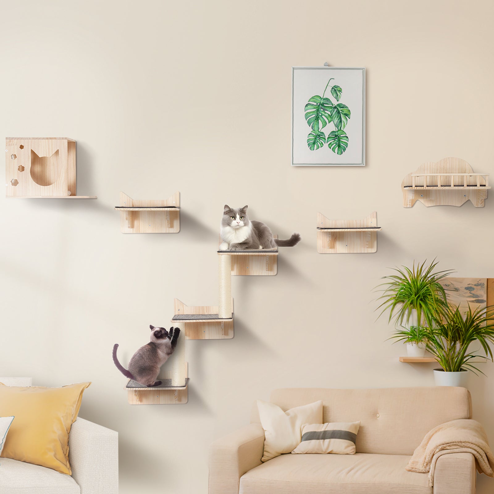 support mural pour chat,ensemble de VEVOR 5,avec plateforme de saut,nid,perchoir,arbre à chat,charge de 40 lb,cadre d'escalade flottant - 8