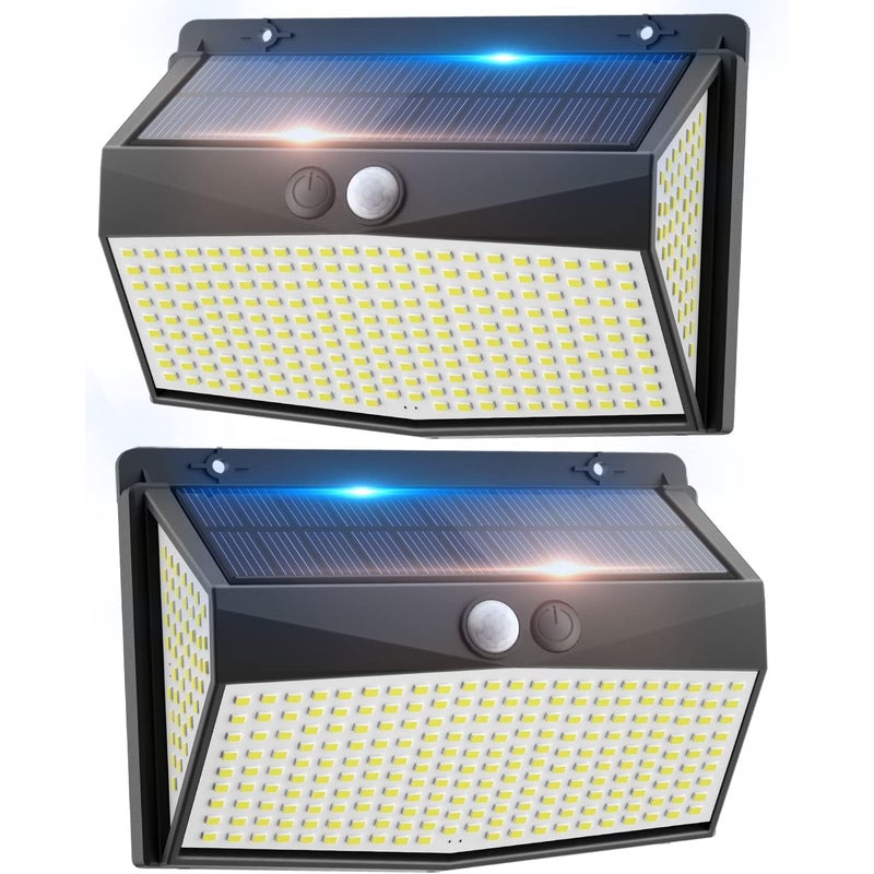 Czujnik ruchu do solarnych lamp zewnętrznych z 318 diodami LED, z 3 trybami oświetlenia, wodoodporne, światła powodziowe (6500K, pakiet 2 szt.)