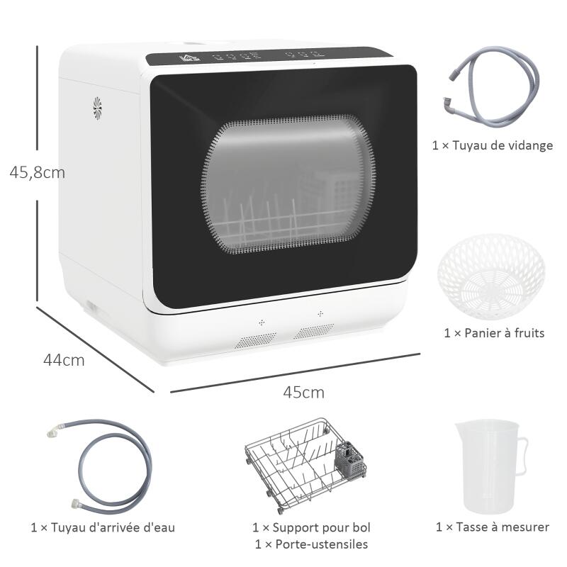 Mini lave-vaisselle 4 couverts 6 L 5 programmes 90 min séchage LED tactile compact 45x44x45,8 cm ABS polypropylène blanc - 4