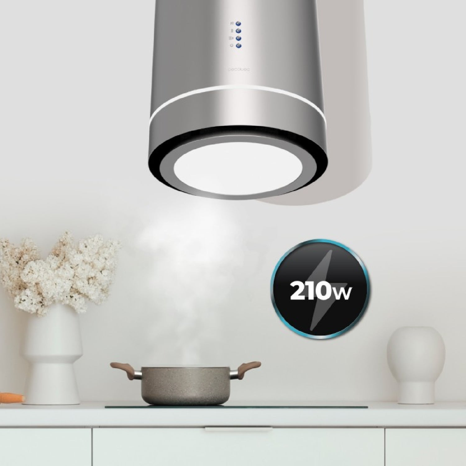 Cecotec campana extractora en isla redonda 38cm bolero flux ire 388000 inox a++. succión 712m3/h, motor 210w