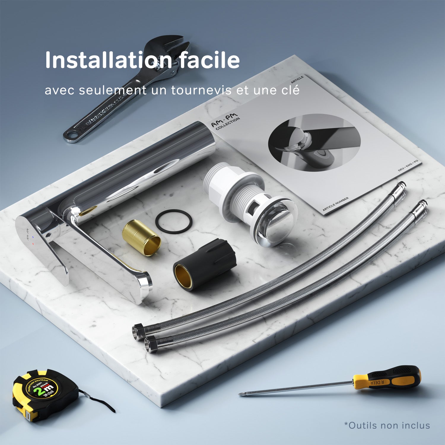 Mitigeur de lavabo, Robinet de Lavabo, avec bonde clic clac, Robinet de lave-mains, Chromé, taille L, FTA92200 AM.PM - 8