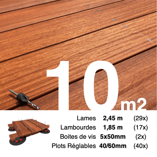 Kit complet terrasse bois exotique PADOUK pour 10 m² • Lames 2,45 m, lambourdes 1,85 m, plots réglables et visserie Inox • Livraison gratuite