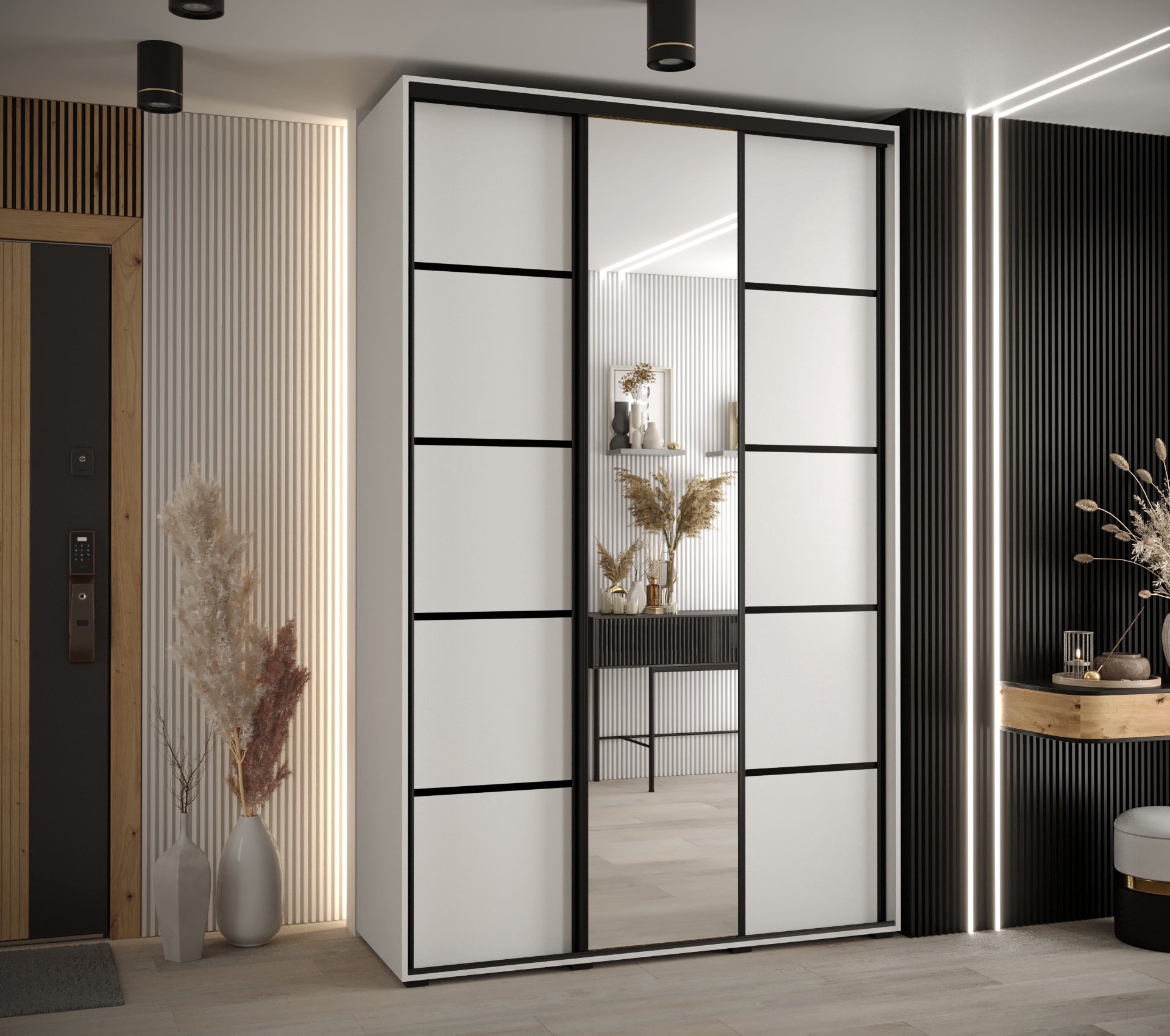 Szafa przesuwna z lustrem wysoka Davos 5 150 x 45 x 235,2 cm biały + biały + u. czarny - Abiks Meble - 2