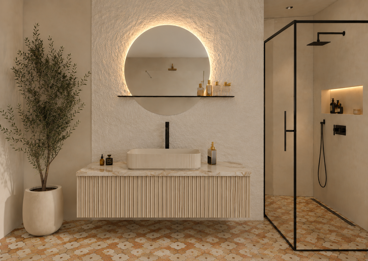 Round Shelf Line lustro z oświetleniem LED, bez ramy, z czarną półką 80 cm