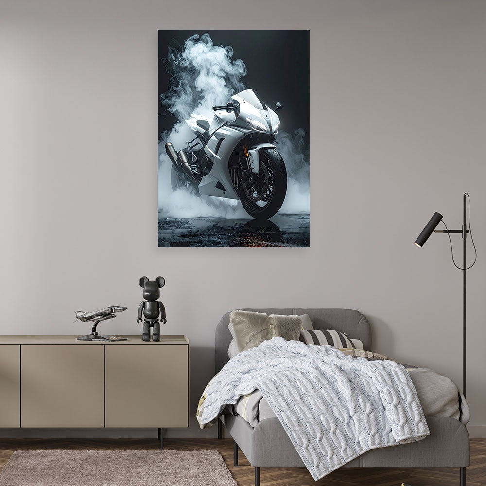 Obraz do pokoju młodzieżowego biura, Motocykł sportowy ścigacz biały 80x120 - 2