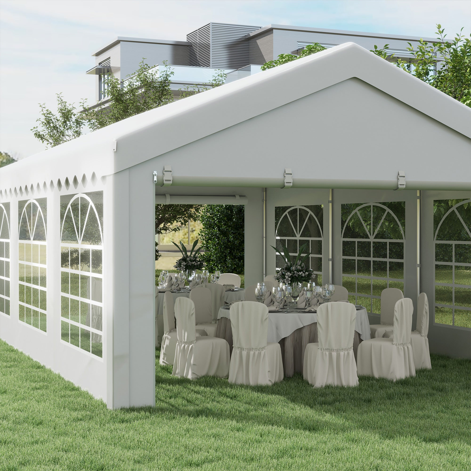 Outsunny Tendone per Feste 6x4m con Pareti Rimovibili, Porte e 6 Finestre, Bianco - 8