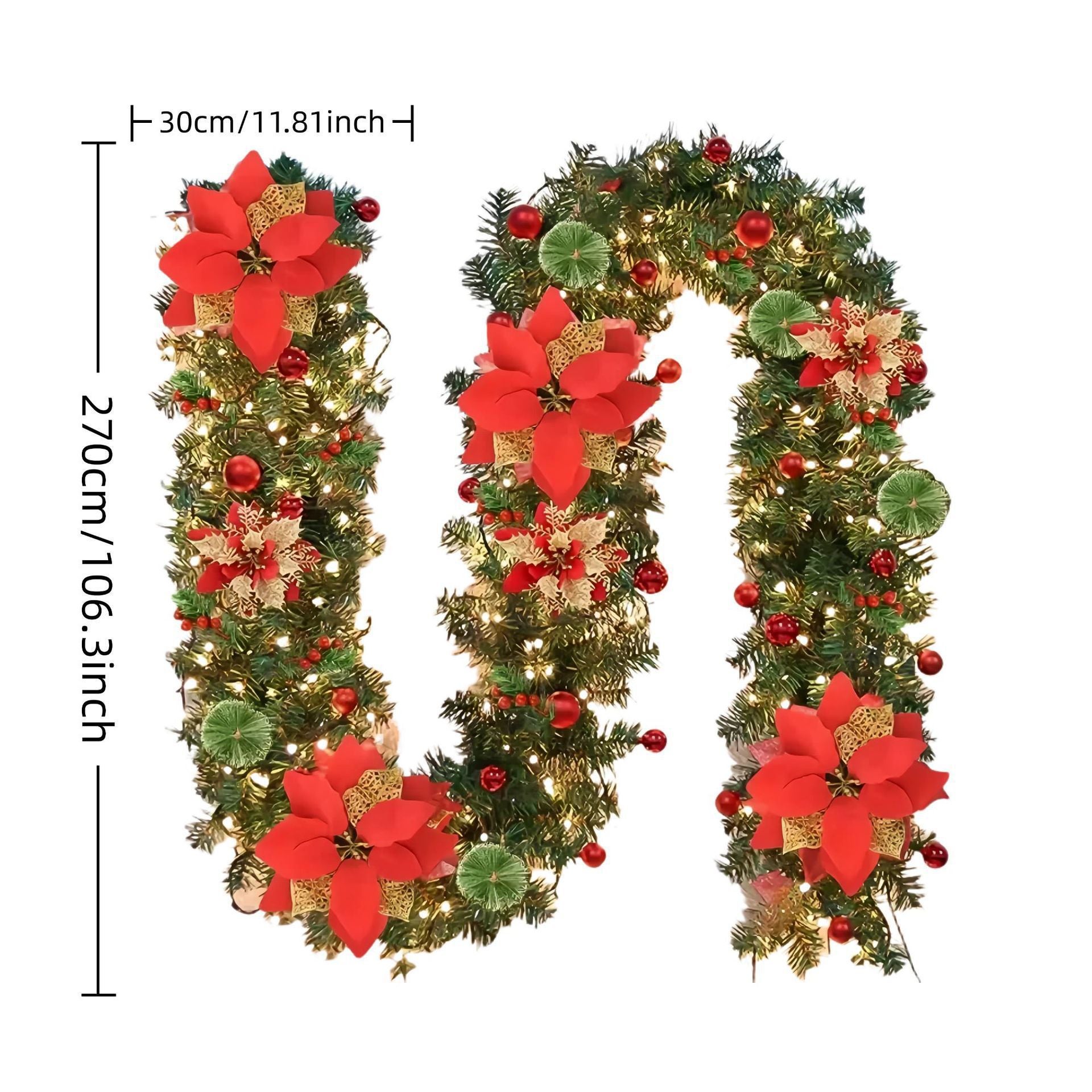 Guirlande de Noël de 270 cm avec lumières LED, décoration de Noël, couronne de Noël artificielle illuminée avec fleurs, décorations pour sapin de Noël - 5