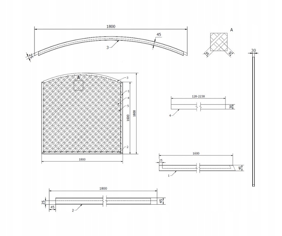 Kratka diagonalna łuk Roma 180x180/160 cm (6x6 cm) - 2