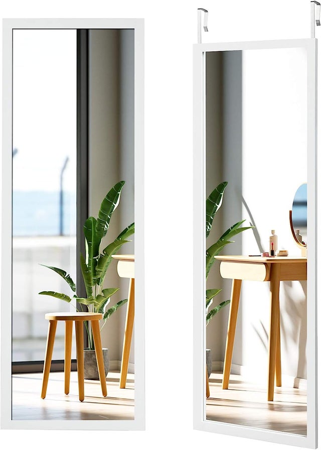 Lustro ścienne, na drzwi, wiszące, na całe ciało, z hakami wiszącymi z regulacją wysokości, do sypialni, salonu i wejścia, 120 x 37 cm (białe)
