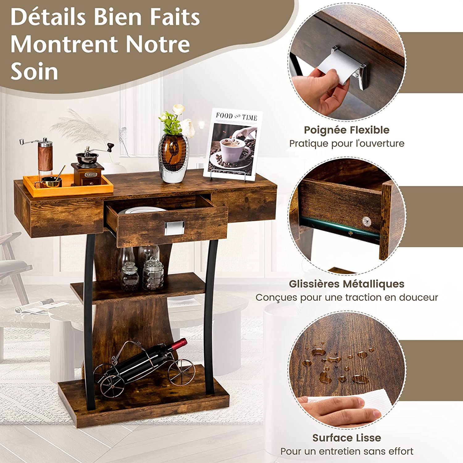 Consolle in Legno, Tavolo Ingresso Con Cassetti, Ripiani e 2 Kit Anti-ribaltamento, Multiuso e Salvaspazio per Salotto, Camera da Letto e Corr - 4