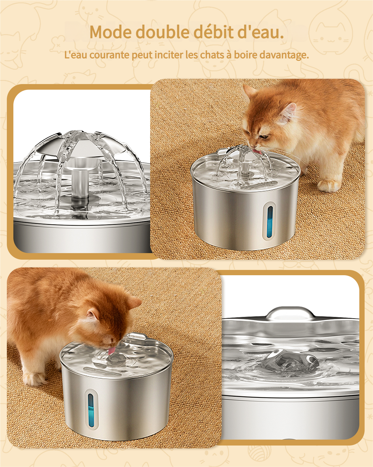 2,2 L Fontaine à eau en acier inoxydable Automatique pour chats, Fontaine à boire super silencieuse pour chats avec filtre, - 3