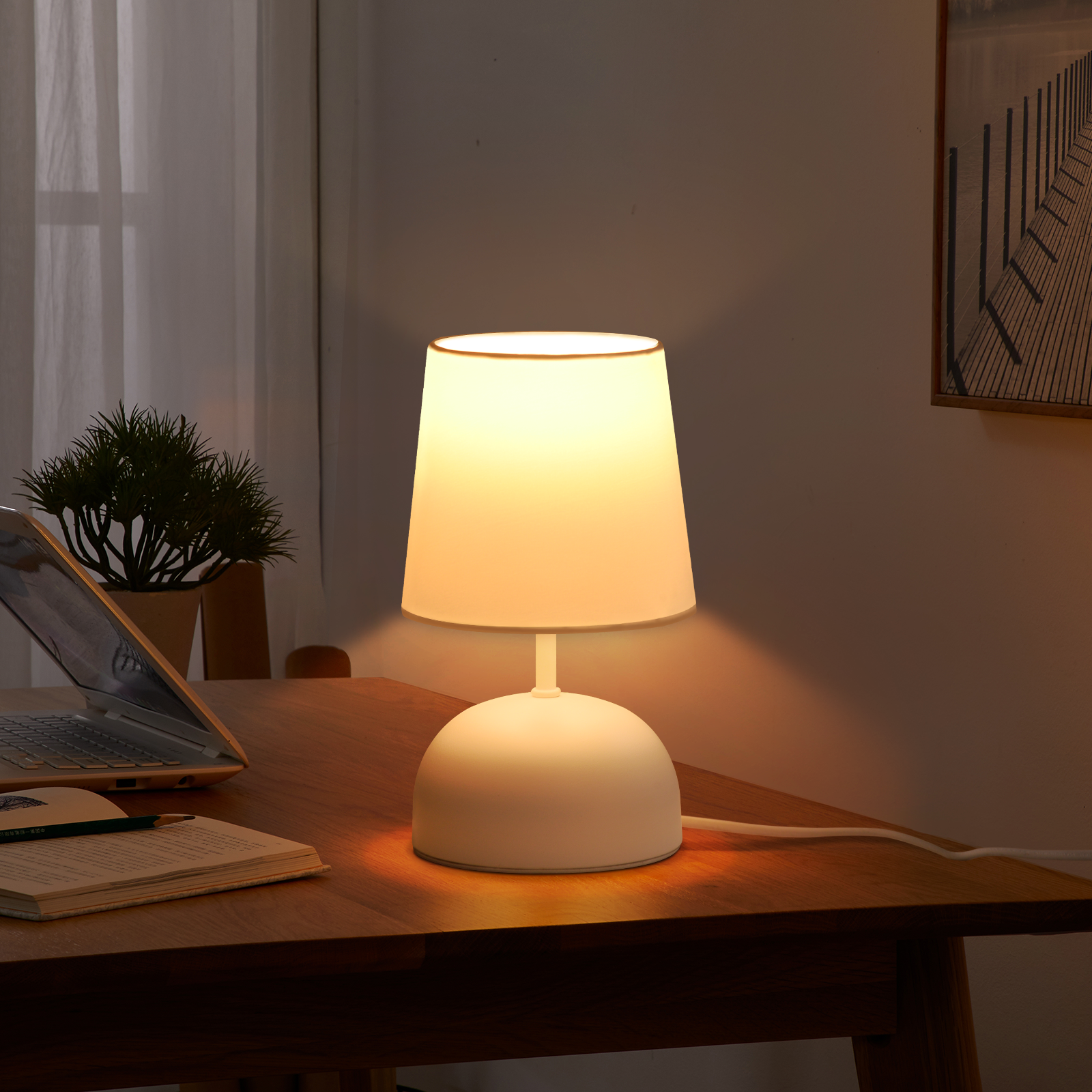 NETTLIFE Lampada da Comodino Set di 2 Lampade da Tavolo con Cavo Lampada da Notte in Tessuto Bianco Design Moderno per Camera da Letto - 8