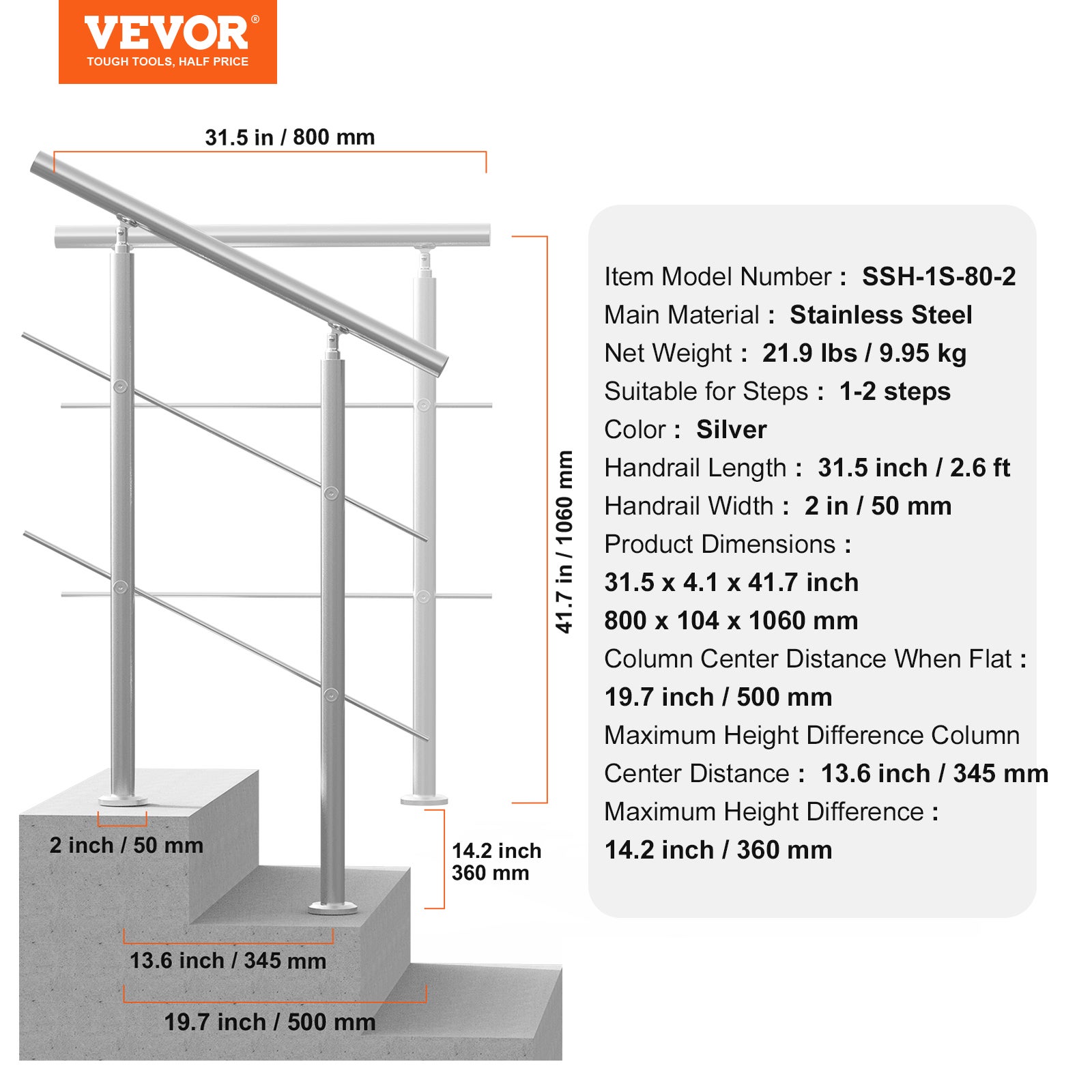 Rampe d'Escalier VEVOR 80 cm Main Courante Extérieure en Acier Inox 201 2 Barres Angle 0-45° pour Marches Porche Terrasse - 7