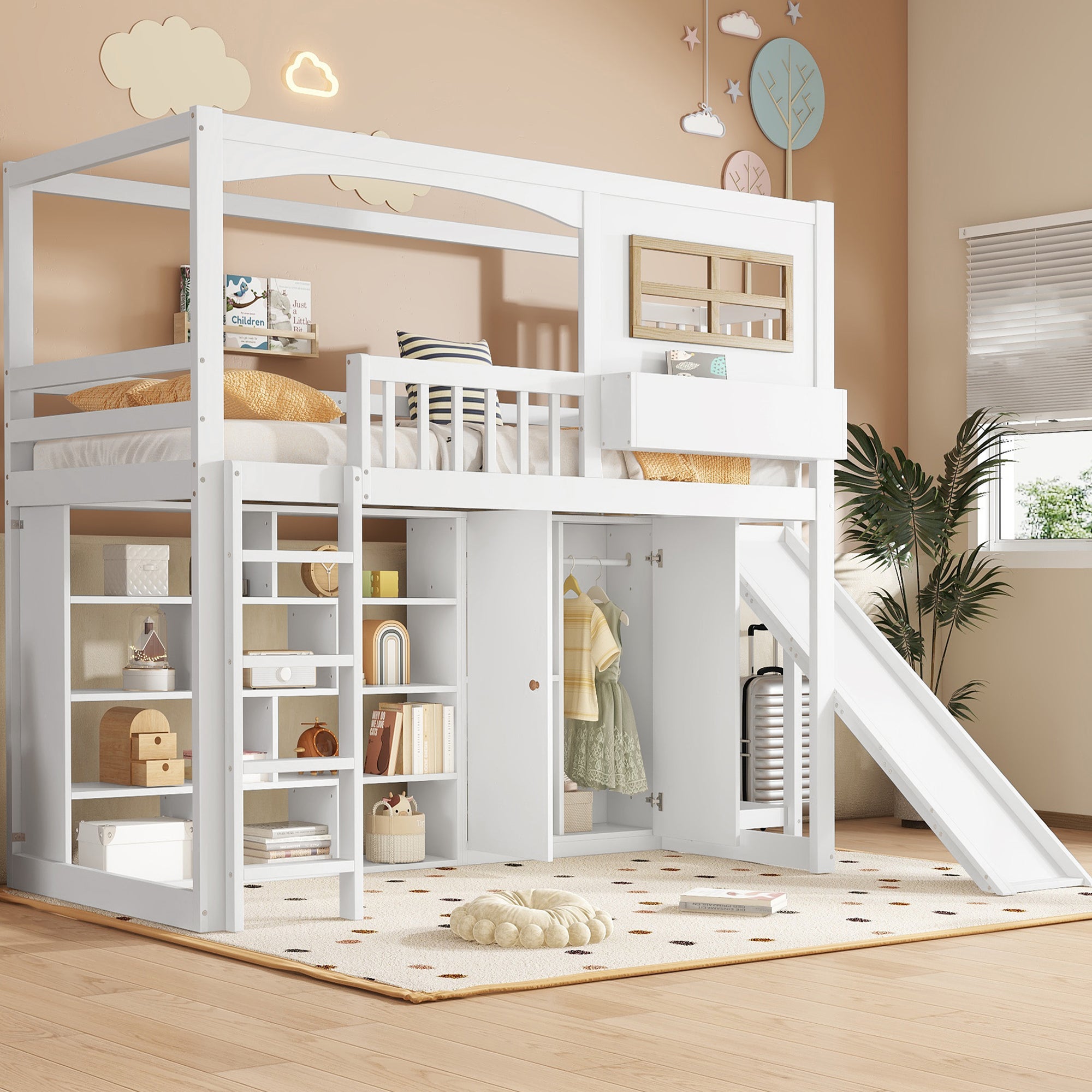 Lit superposé, lit enfant, avec barrière de sécurité, avec toboggan et armoire pour enfants, grand espace de rangement, 90x200cm - 3