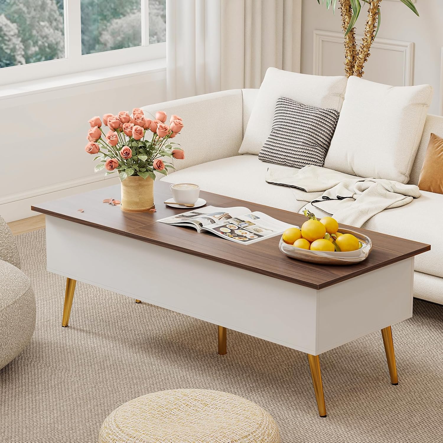 Tavolino ribaltabile con contenitore, tavolino da salotto con ripiano ribaltabile, per ufficio, 111 x 48 x 40-53,5 cm (bianco+noce) - 3