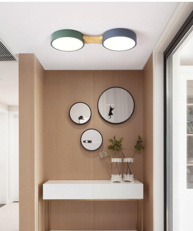 Plafon LED z żelaza i drewna, okrągły, trójkolorowe oświetlenie, idealny do salonu, sypialni lub biura (2 głowice lamp).
