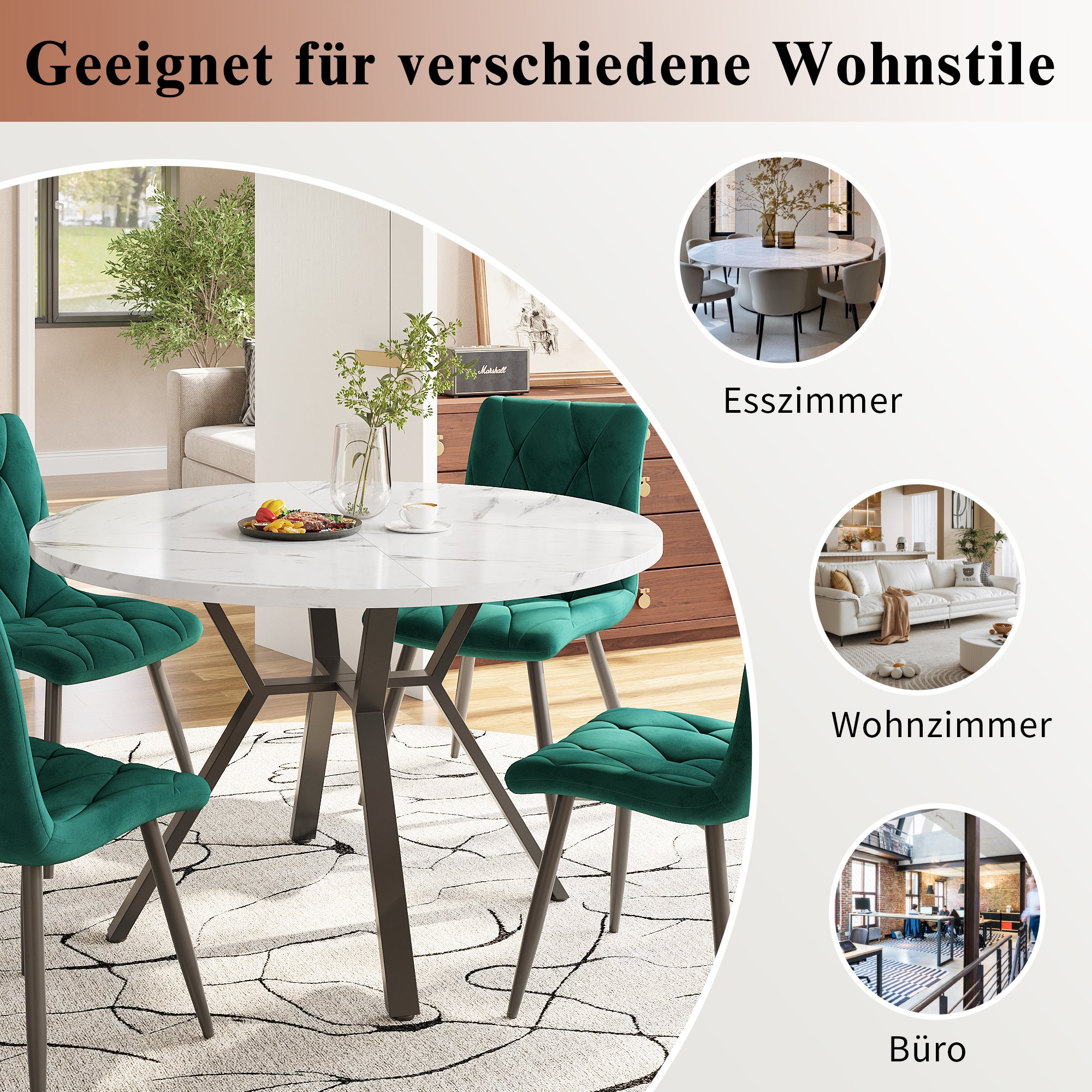 Set tavolo rotondo e 4 sedie in velluto per sala da pranzo - P 100 x H 75 cm - Gambe in MDF e metallo - Effetto marmo - Grigio + bianco - 8