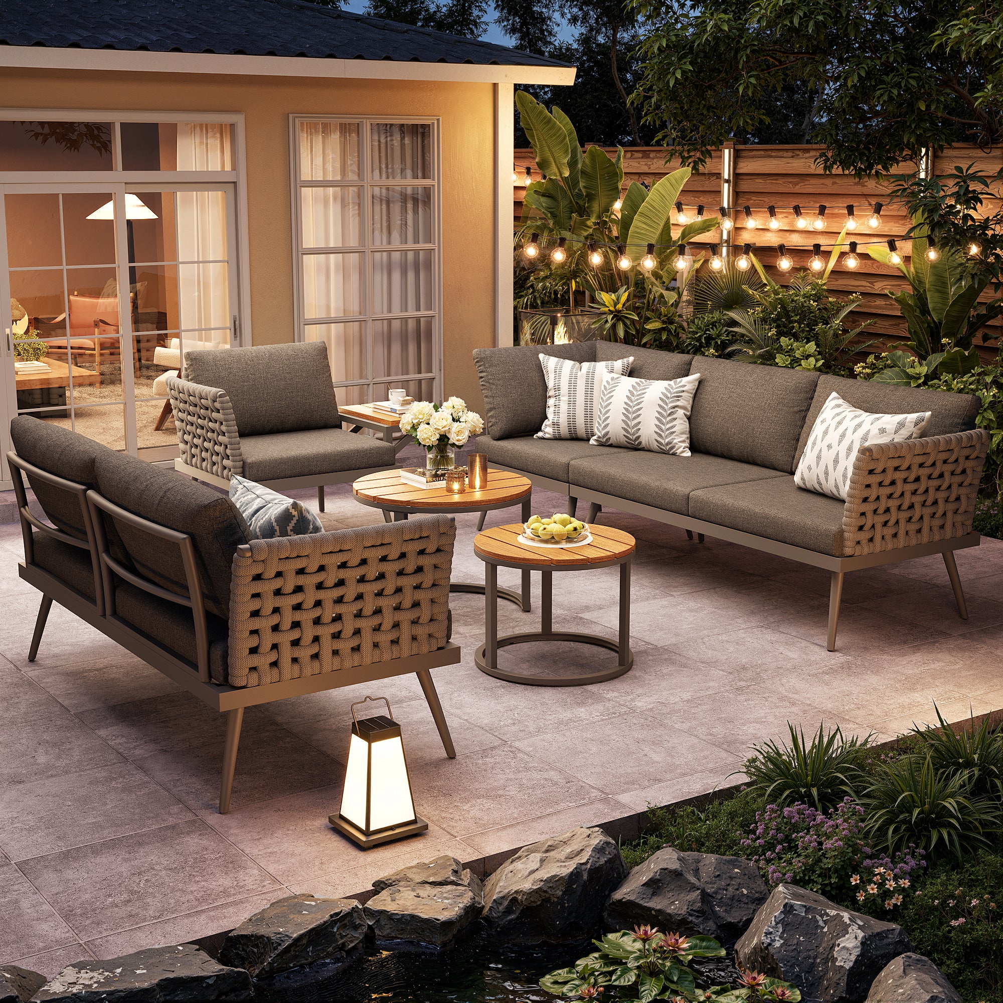 Salon de Jardin Exterieur pour 6 places,avec 2 tables basses en bois,Canapé d'angle extérieur en forme de L,avec coussin,Main courante tressée, Gris - 4