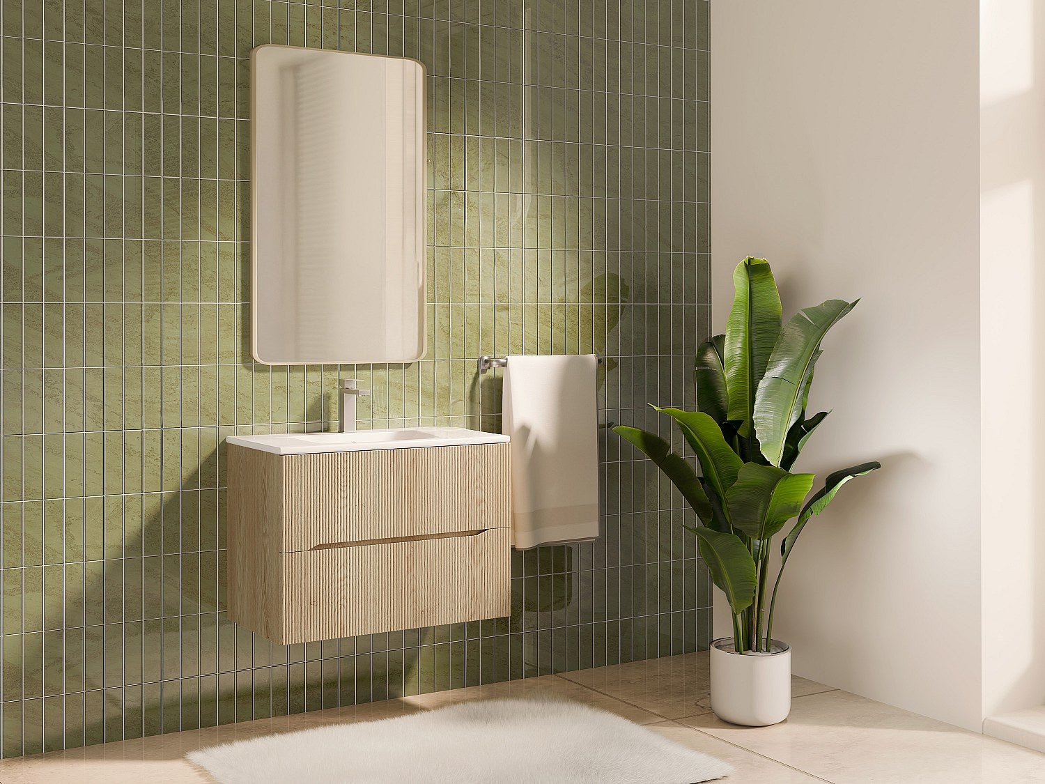 Podwieszana szafka łazienkowa prążkowana - Jasny naturalny - L80 cm - ORISO