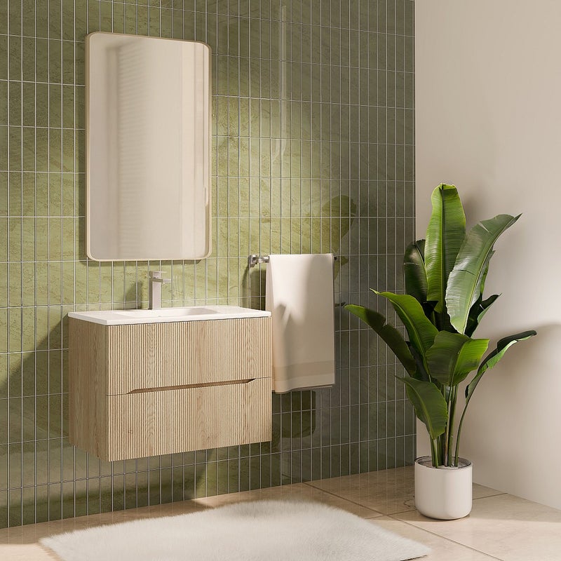 Podwieszana szafka łazienkowa prążkowana - Jasny naturalny - L80 cm - ORISO