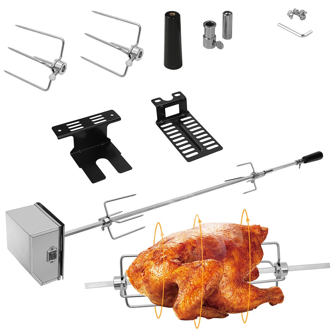Rożen BBQ 107 cm z silnikiem elektrycznym 4W, pręt inox 304, 2 widelce do mięsa, kompatybilny z grillem gazowym i węglowym