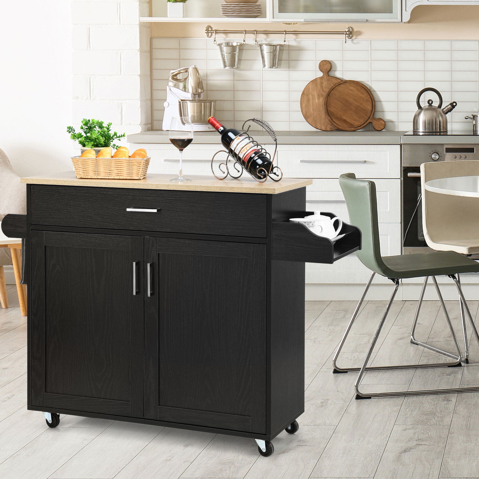 Carrello Cucina Con Ruote Nero - Mobile Multiuso Per Microonde, Ripiano Regolabile, 116x37x85 Cm - Foto 3