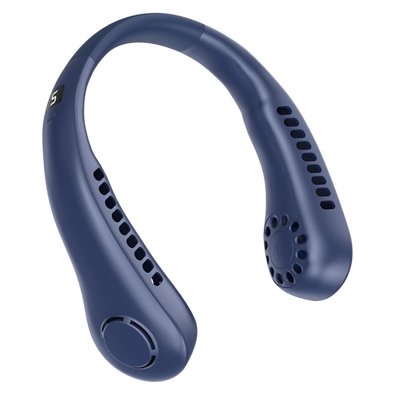 Akumulatorowy wentylator na szyję z wyświetlaczem LED, kolor niebieski, 5 ustawień prędkości wiatru, odpowiedni do podróży i ćwiczeń.