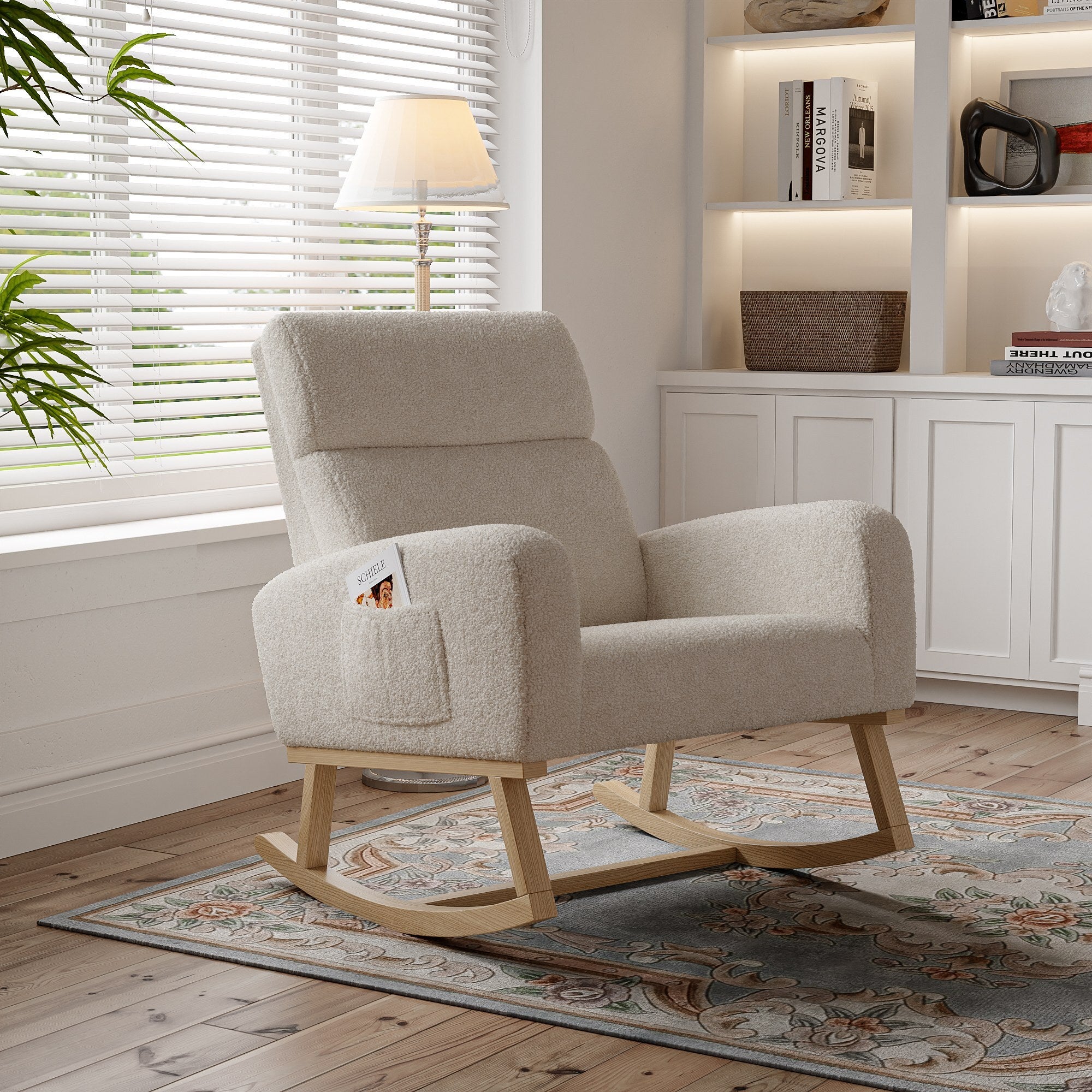 Fauteuil à Bascule - 87x79x69cm - avec Poches Latérales et Bois Massif - Confort Ergonomique - en Polaire Teddy Beige - 3
