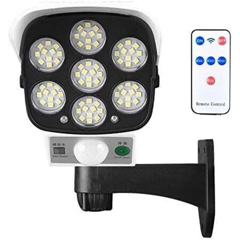 Lampă solară de exterior cu senzor de mișcare wireless și cameră de securitate fictivă, IP66, impermeabilă, cu 77 de LED-uri, spoturi de perete