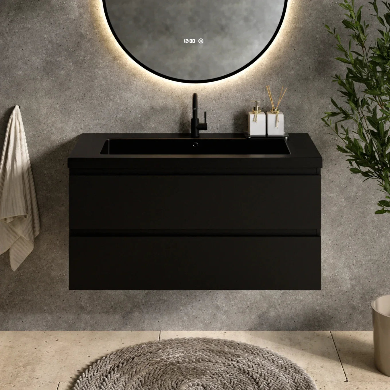 Meuble de salle de bain Sena - 100 cm - Noir mat - Vasque noire - 2