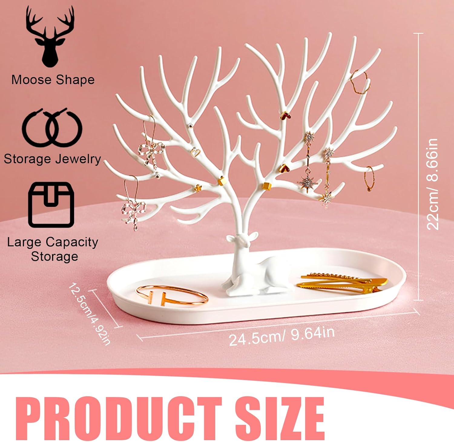 Arbre a Bijoux En Bois de Cerf avec Plateau 2 En 1 Support Boucle D'Oreille en Plastique, Porte Bijoux Femme, Porte Boucles D'Oreilles Présentoir Col - 2