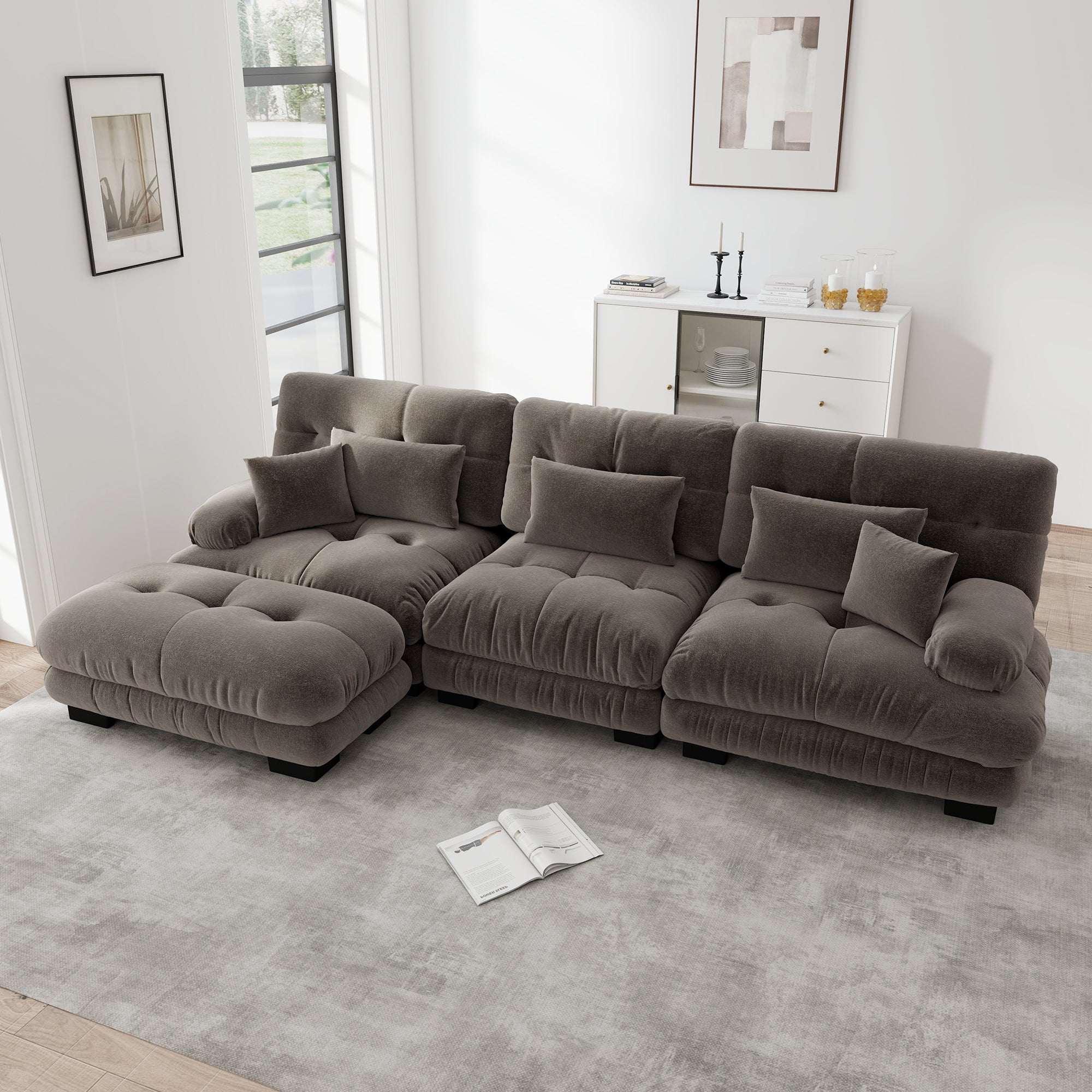Canapé d'angle extra large en forme de L,Canapé nuage 3 places avec 1 repose-pieds,Canapé modulable avec coussins lombaires,Chenille,Marron - 3