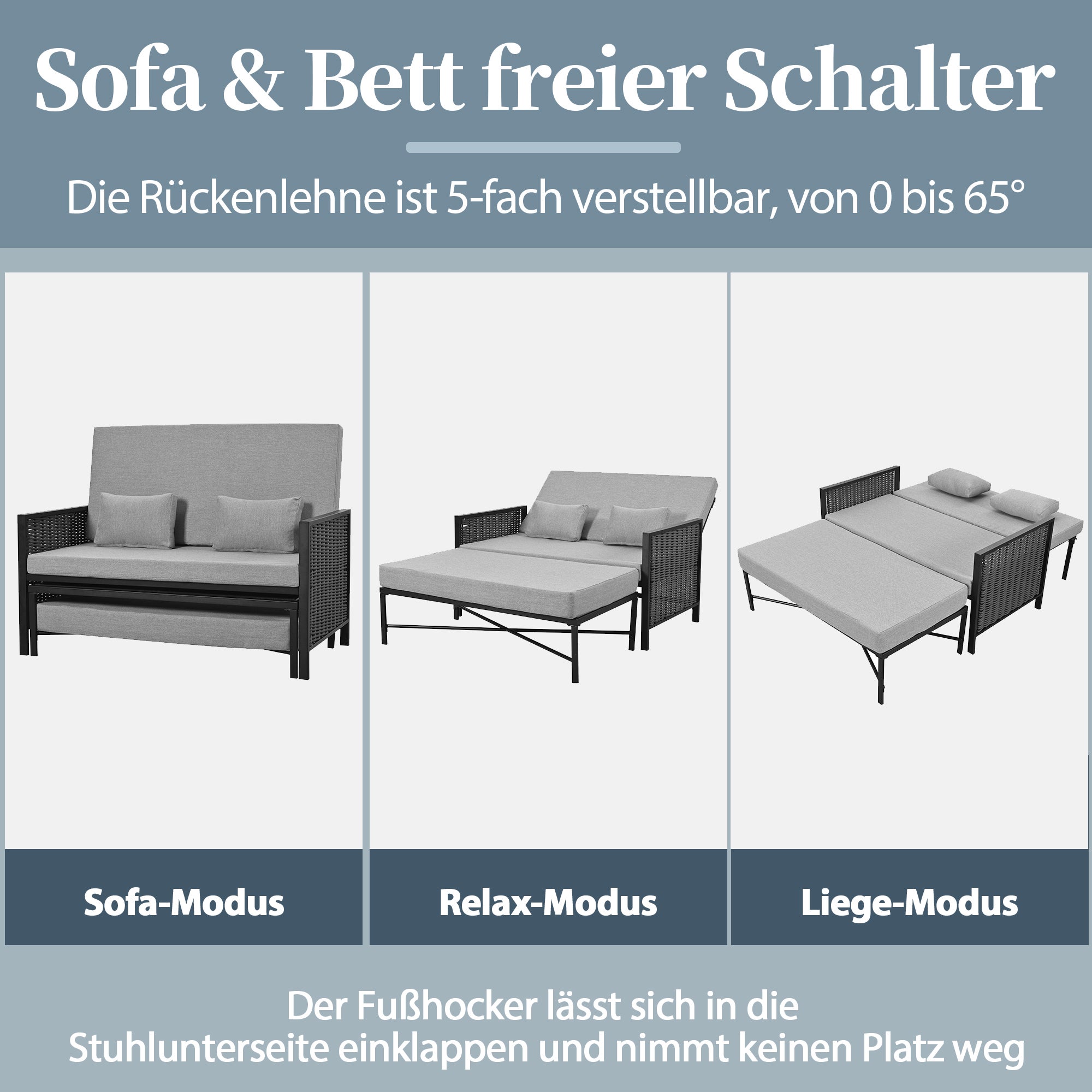 Ensemble de meubles de jardin,Avec pédales rétractables,canapé 2 places Avec 5 positions de dossier réglables,Chaise longue double d'extérieur, Gris - 3