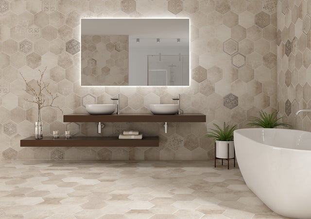 TOSCANA BACKSTAGE BEIGE DECOR (GPR) 25,8x29 Hexagone. Carreau de grès cérame effet ciment décoré aléatoirement 1m2/boîte