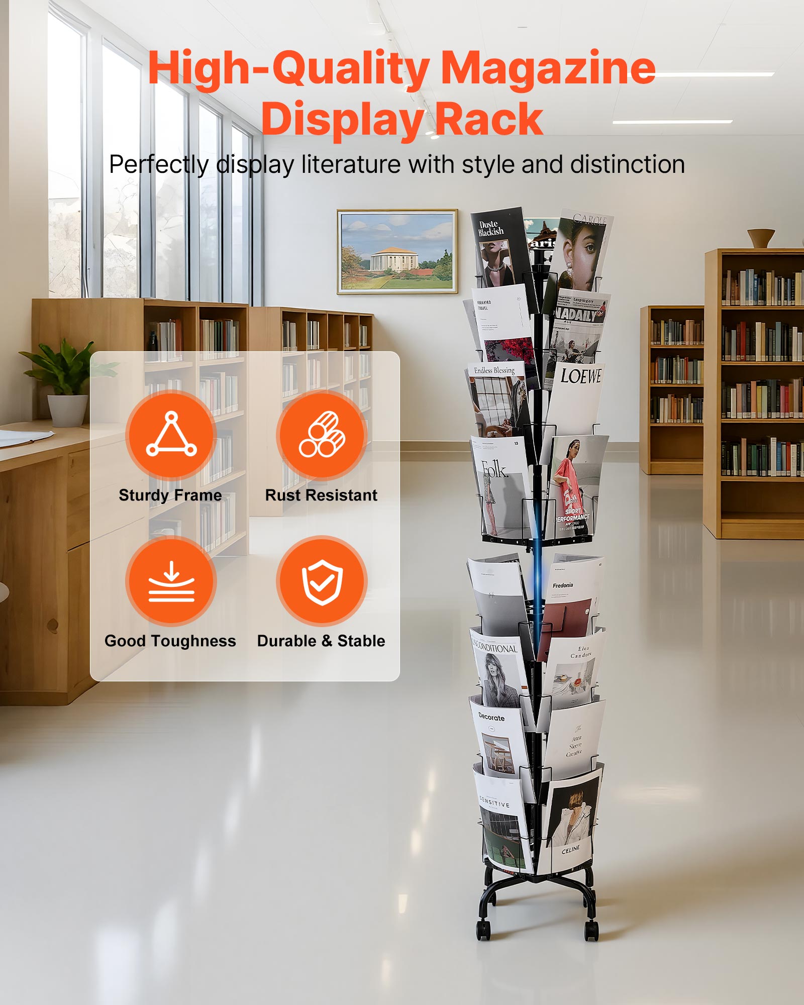 Présentoir Cartes VEVOR Postales et Vœux 32 Pochettes, Porte-brochures Rotatif à 360°, Tourniquet à Carte sur Pied avec 4 Roulettes (2 Verrouillables) - 2