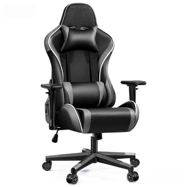 Silla gaming ergonómica regulable en altura con reposacabezas y soporte lumbar, silla de oficina giratoria negro/gris